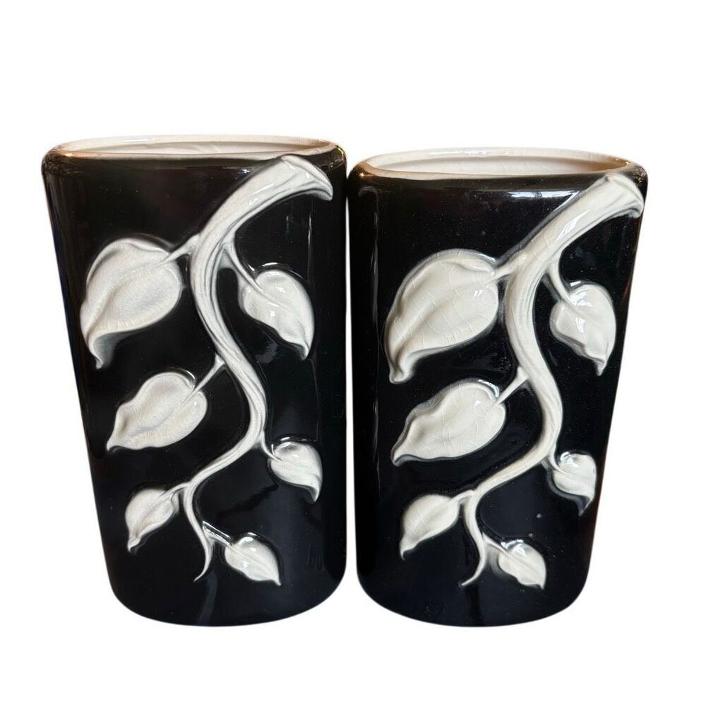 2 Royal Copley Black & White Draping Leaves MCM Vases